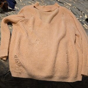 Cozy Distressed Knit Sweater - Cream